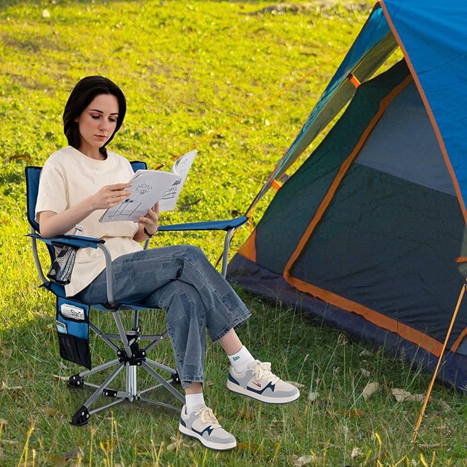 Tangkula Swivel Camping Chair Portable Lawn Chair with Cup Holder Storage Pocket Carrying Bag Lightweight Outdoor Folding Chair for Outside Camp Fishing Hiking Beach No Assembly Needed