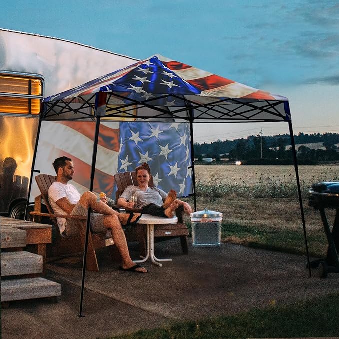 EAGLE PEAK 8x8 Pop Up Canopy Tent with Sidewall Compact Portable Slant Leg Instant Sun Shelter for Beach Sports &amp Camping 8x8 Base 6x6 Top Stars and Stripes