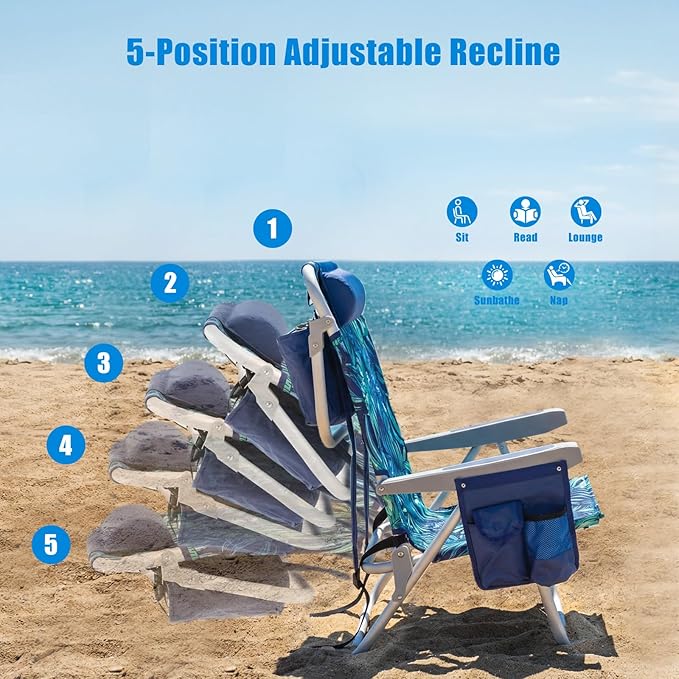 SUNNYFEEL Low Beach Chairs for Adults 5 Position Lay Flat Portable Folding Backpack Beach Chair Heavy Duty with Cooler Bag Cup Holder for Outdoor/Lawn/Picnic Foldable Camping Chair