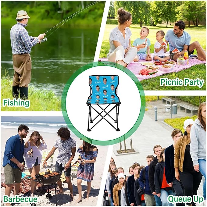 Sinestour Sky Blue Custom Photo Folding Camping Chair for Teen Child Personalized Name 14.6×14.6in Portable Outdoor Chair with Carry Bag for Beach Picnic Barbeques