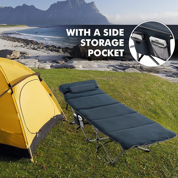 Tangkula Camping Cot for Adults Folding Sleeping Cot with Removable Mattress Pillow Side Pocket Portable Indoor Outdoor Cot Bed with Carry Bags for Travel Camp Office Home (Blue)