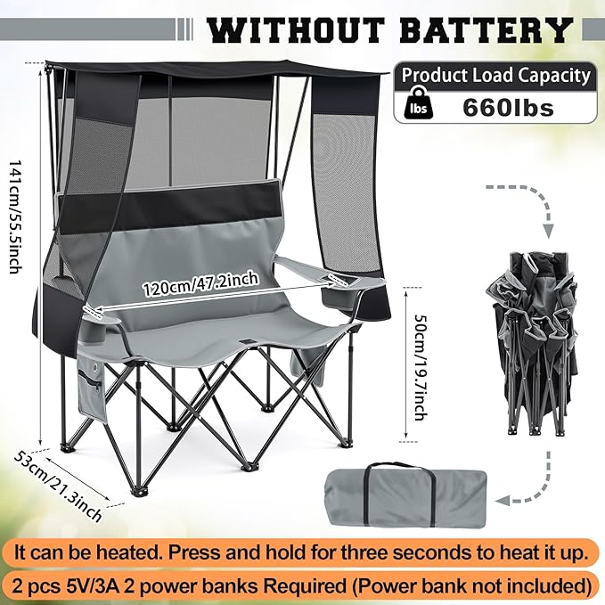 Double Camping Chair with Canopy Shade 660lbs Folding Beach Loveseat with Padded Seat and Cup Holders 4-Zone Heated Outdoor Chair for Beach Camp Use 5v/3a Power Bank(Black and Grey)