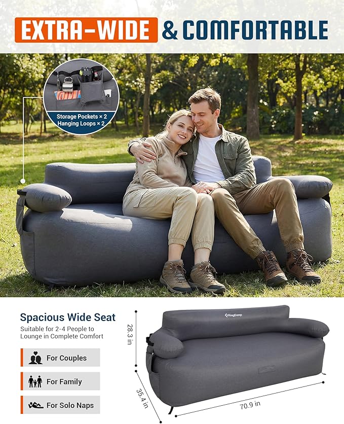 KingCamp Double Camping Inflatable Couch with Built-in Electric Pump 880LB Heavy Duty Outdoor Loveseat Air Sofa 600D Cationic Fabric Dual-Layer 2 Person Inflatable Sofa for Camp Backyard RV Patio