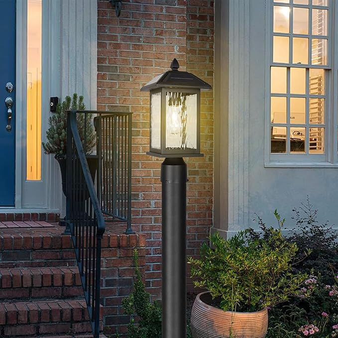 Solar Outdoor Post Light FixtureDusk to Dawn Modern Exterior Pillar Lantern with Black Finish &amp Water Ripple GlassWaterproof Outside Pole Light for Garden Backyard Courtyard