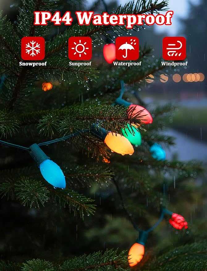 C9 LED Christmas String Lights 25FT Vintage String Lights with 27 C9 Multicolor Ceramic LED Bulbs Outdoor Hanging Christmas Lights for Xmas Tree Patio Party Roofline Decor - Green Wire