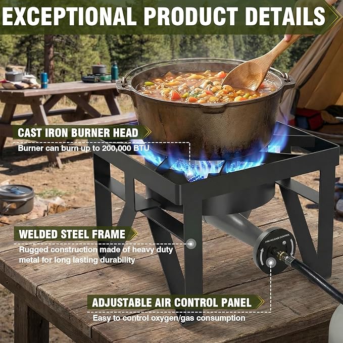 BESTFIRE 200000 BTU Heavy-Duty Propane Burner – Outdoor Stove with 0-20Psi Adjustable Regulator &amp Black Hose – Ideal for Home Brewing Turkey Frying Camping &amp Backyard Cooking