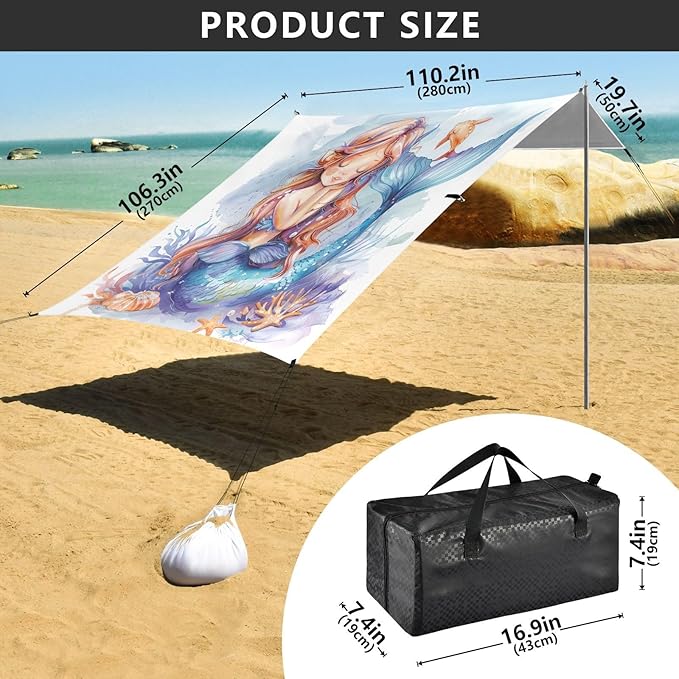 ALAZA Cartoon Mermaid Watercolor Beach Tent Sun Shelter UPF50+ Protection Beach Shade Canopy w/ 4 Sandbags for Outdoor Camping Fishing Backyard Fun Picnic 10x9 ft