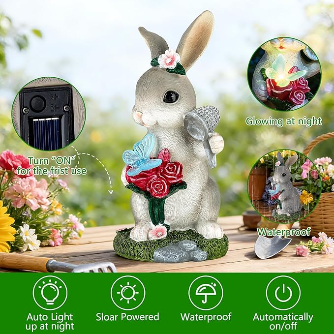 Solar Garden Decor Rabbit with Butterfly Statues Outdoor Outdoor Figurine Statue Lights Outdoor Garden Yard Lawn Patio Decoration Unique House Warming Birthday Present for Women Family
