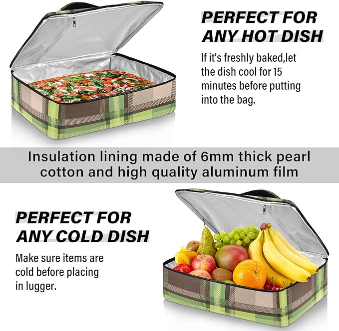 Casserole Carrier Green Brown Tartan Plaid Insulated Casserole Carrier for Hot or Cold Food Thermal Lunch Tote for Parties Picnic Travel Carry Bag