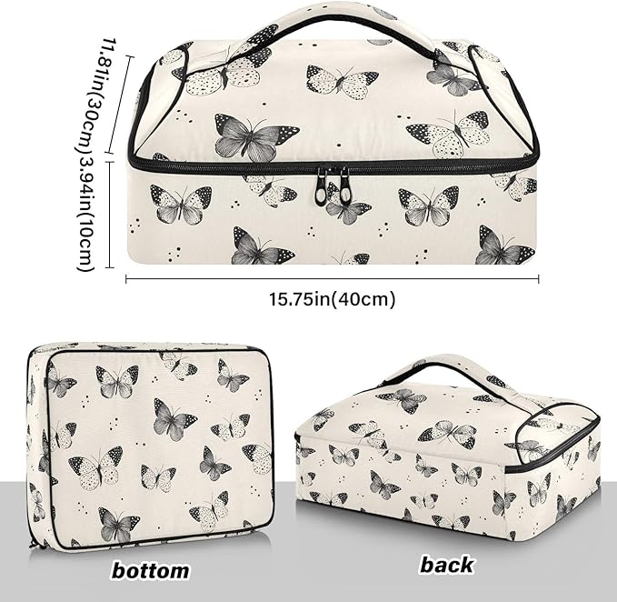 Casserole Carrier Cartoon Black and White ButterflyInsulated Casserole Carrier for Hot or Cold Food Thermal Lunch Tote for Potluck Parties Picnic Beach Fits 9 x 13 Inches Baking Dish