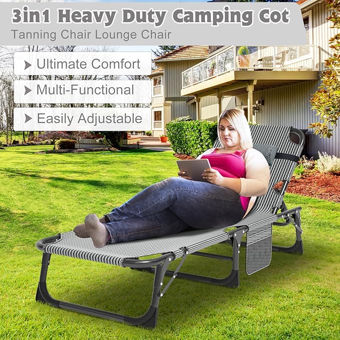 ABORON Heavy Duty Tanning Chair 5-Gear Outdoor Folding Chaise Lounge Chair with CushionPortable Beach Lounge Chair for Outdoor Sunbathing Patio Pool Lawn Deck Poolside