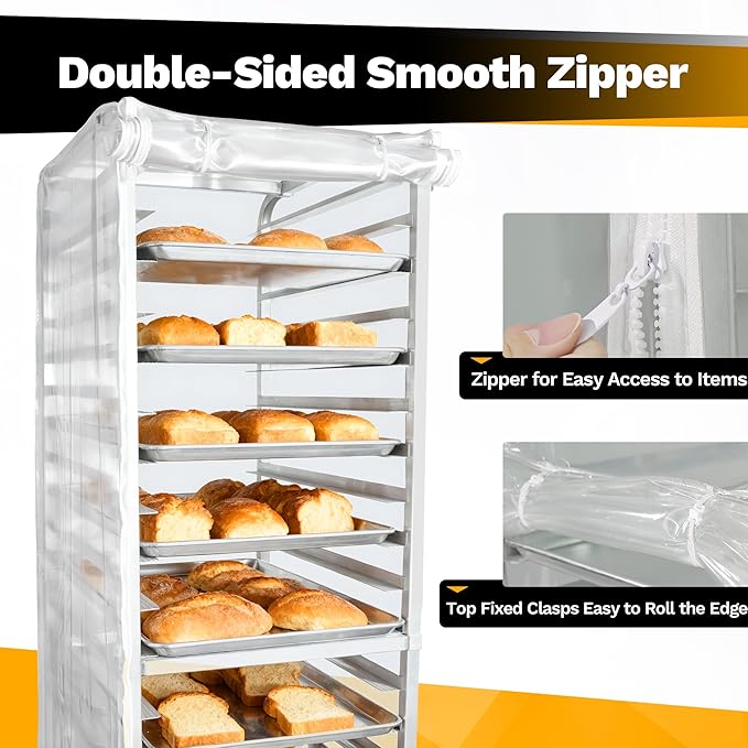 Bun Rack Cover – 10 Tier Commercial Bakers Racks Sheet Pan Rack Cover PVC with 2 Sided Zippers Clear 27 L x 21 W x 33 H