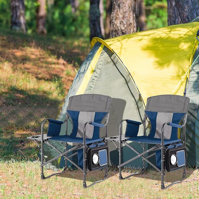 Tangkula Camping Chairs Folding Camp Chair with Side Table Cooler Bag Portable Outside Padded Lawn Chair for Travel Picnic Fishing Heavy Duty Oversized Director Chair for Adults Supports 400lbs