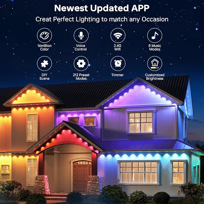 Permanent Outdoor Lights for House 120FT with 72 LED Smart RGB Christmas Outdoor Lights with App/Remote Control Waterproof IP67 Eaves Light DIY Scene Mode for Holiday Garden Decor