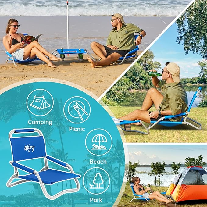 #WEJOY 2 Beach Chairs and Table Set Lightweight &amp Folding Backpack Beach Chair for Outdoor Beach Lawn Camping Picnic Blue Beach Chairs Set