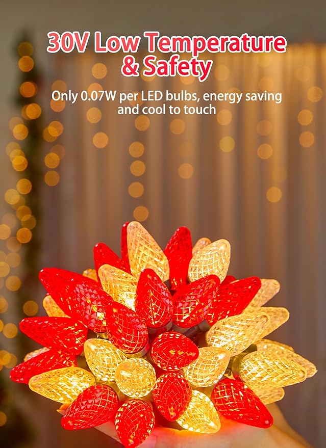 C9 LED Christmas String Lights - 82ft 100 LED Outdoor String Lights with Timer and 8 Lighting Modes Plug in Extendable Roofline Lights String for Outside Yard Porch Christmas Holiday Decoration