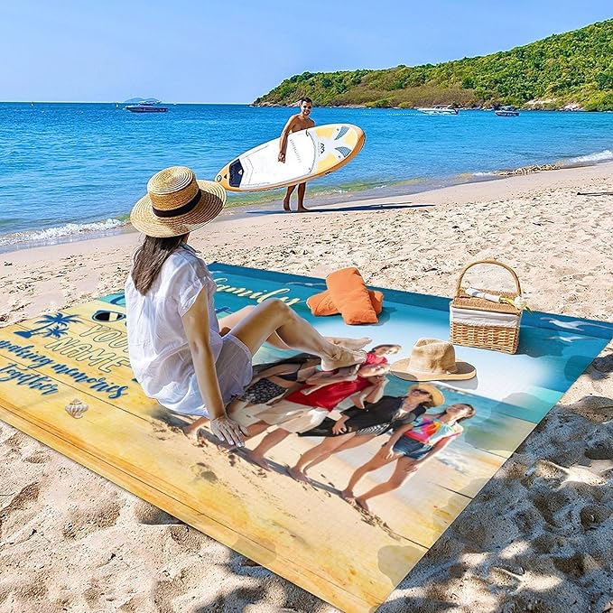 Personalized Beach Blanket Sandproof Waterproof - Outdoor Picnic Mat 78'' x 86'' for 4-6 Adults - Custom Beach Essentials with Photo for Travel Camping Hiking