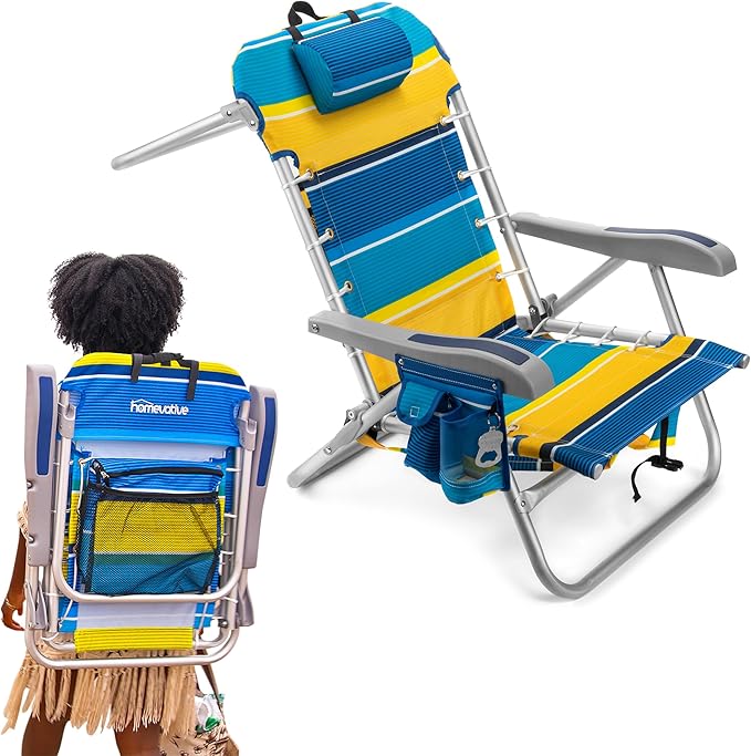 Homevative Backpack Fold-Up Beach Chair 5 Positions Towel bar Cooler Storage Pouch Cup Holder and Phone Pocket