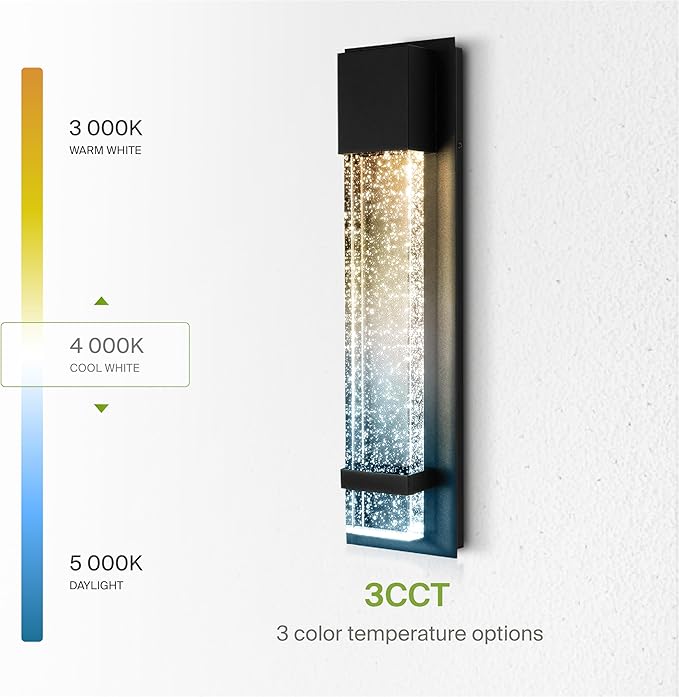 ASD LED 18 Bubble Glass Wall Light Fixture Outdoor &amp Indoor Seeded Sconce | 3CCT Waterproof Dimmable ETL Listed | 12W 500LM 3000-5000K 120V | Exterior Lantern Porch Lighting | Black