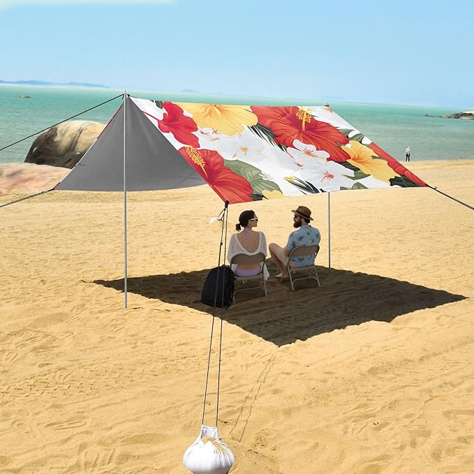 Yellow Red Hibiscus Beach Tent Sun Shelter 9.2' x 10.5' Beach Canopy with 4 Sandbags 4 Stability Poles Sand Shovels - Tent Canopy for Beach Camping Fishing Picnics