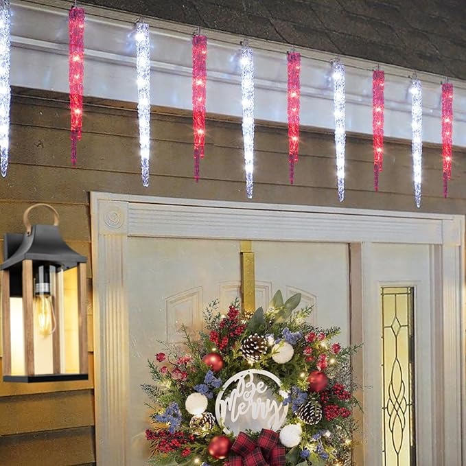 Red and White Icicle Christmas Lights - Outdoor &amp Indoor Hanging with 20 Large Tubes 29FT 8 Modes with Timer Connectable Meteor Shower Lights for Candy Cane Theme Decoration