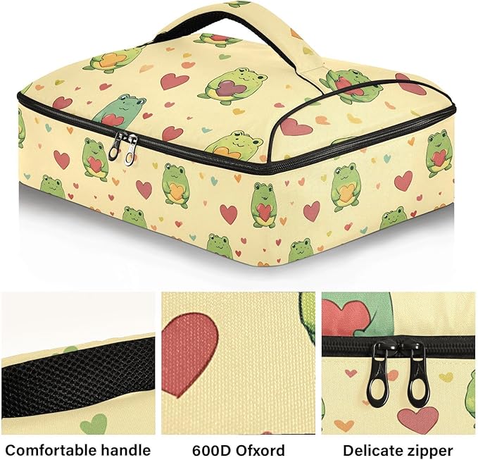 Casserole Carrier Green Frog Holding Colorful HeartsInsulated Casserole Carrier for Hot or Cold Food Thermal Lunch Tote for Potluck Parties Picnic Beach Fits 9 x 13 Inches Baking Dish