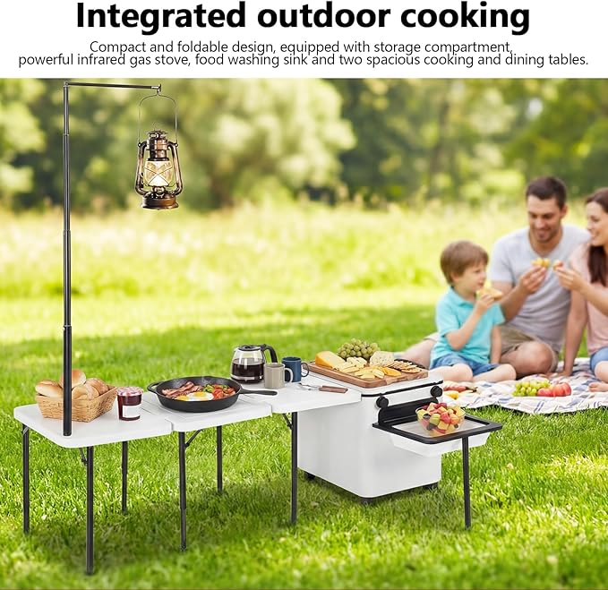 Portable Folding Camp Cook Station with Wheels Overland Camping Kitchen Table with Light Poles for Picnic Party Beach BBQ Cooking Indoor (Small)