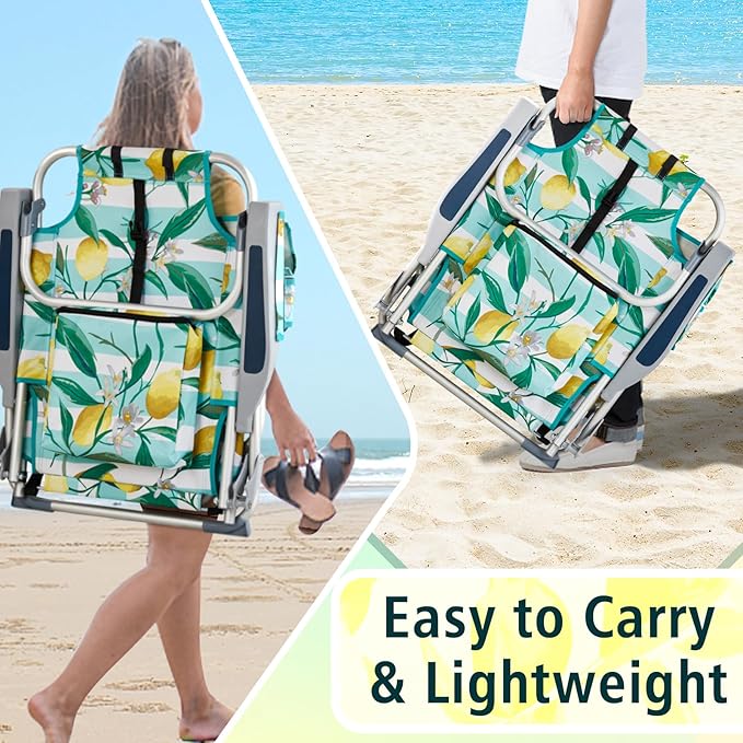 Vasitelan Outdoor Folding Backpack Beach Chair with 5 Positions Towel bar Cooler Pouch Cup HolderFolding Beach Chair with Backpack Straps (Lemon Short)