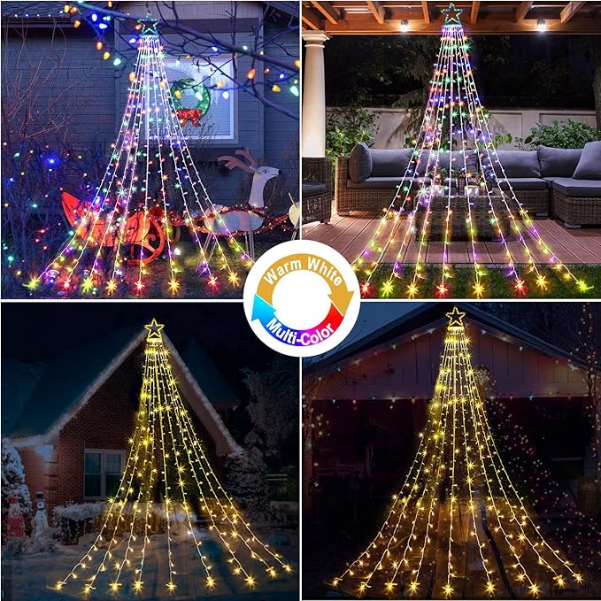 Christmas Decoration Lights Outdoor String Lights 320 LED 11.5 Ft Waterfall Tree With Big Star Topper 8 Modes for New Year Holiday Garden Yard Indoor Outdoor Decor