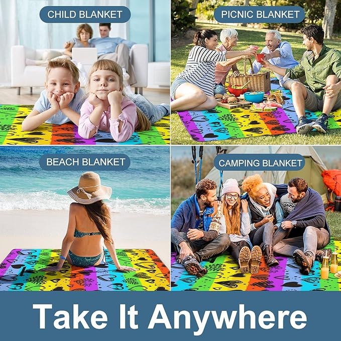 Gay Pride Rainbow Love Hearts Waterproof Outdoor Picnic Blanket Sandproof Beach Mat for Camping Hiking Grass Travelling