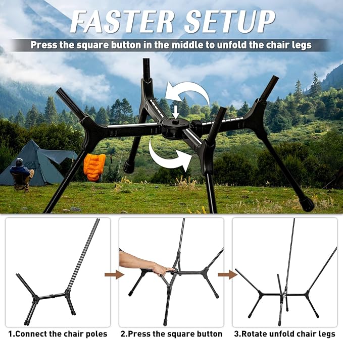 POMOLY Lightweight Camping Chair (Innovative Rotating Instant Setup) High Back Portable Collapsible Camping Chair Folding Outdoor Backpacking Ultralight Hiking 440lbs Capacity (Suspension Comfort)