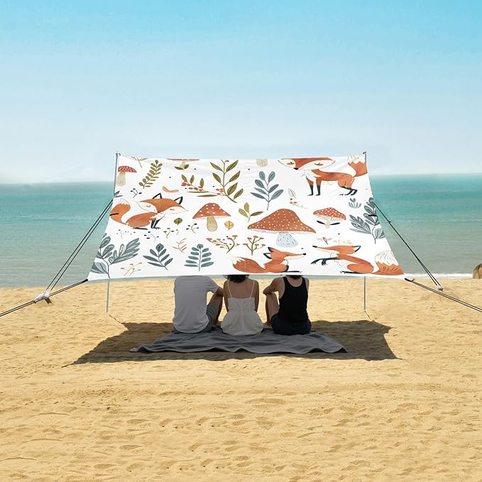 Bolaz Beach Canopy Tent Sun Shade9'×10.5' Large Family Beach Shade UPF50+- Outdoor Shade for Camping Trips FishingCute Foxes Mushrooms Plants