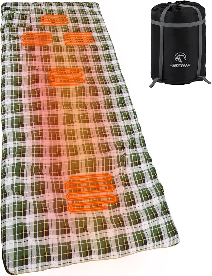 REDCAMP Heated Sleeping Bag Pad Heated Sleeping Bag Liner 5 Heating Zones 3 Adjustable Heat Settings USB Heating Pad for Cold Weather Camping Backpacking or Hiking Green/Red