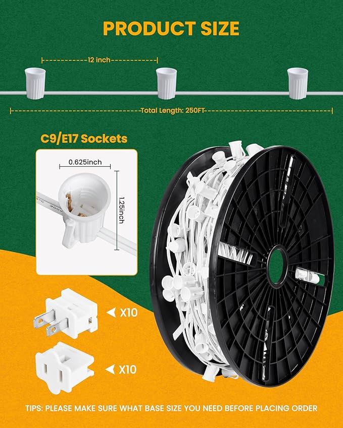 Brightown Commercial 250 FT C9/E17 Christmas Light Sockets Set Spool C9 Outdoor/Indoor String Light Stringer 12 Spacing White Wire for Wedding Patio Event Party Lighting Decor