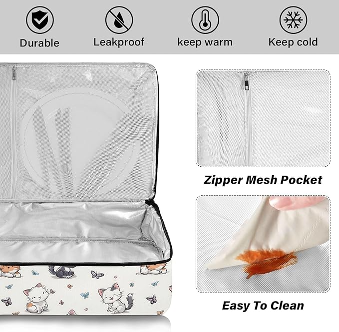 Casserole Carrier Pattern Cartoon Cats PlayingInsulated Casserole Carrier for Hot or Cold Food Thermal Lunch Tote for Potluck Parties Picnic Beach Fits 9 x 13 Inches Baking Dish