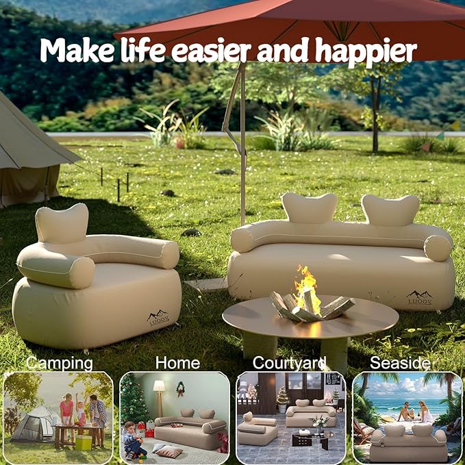 Inflatable Sofa with Built-in Pumpself Inflatable Couch Rechargeable Support 880 lbsAir Sofa for Camping HomeTravelOutdoor (Round Single Sofa Khaki) | Outdoor Camping Sofa Self Inflatable Sofa