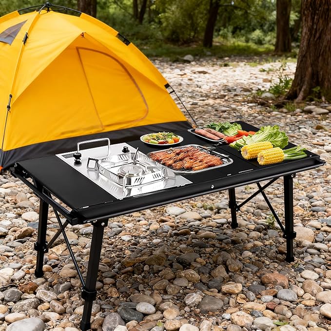 IGT Camping Table with Extended Frames Portable and Foldable Outdoor IGT Camp Tables Ultralight Height Adjustable Camp Table with Carry Bag for Car Camping Picnic RV Trip Patio Backyard