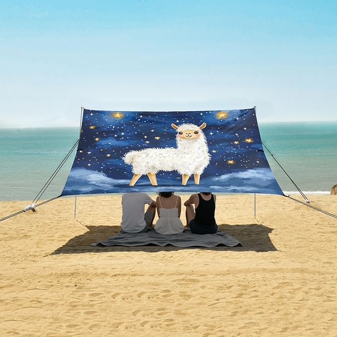 ALAZA Llama Alpaca Starry Stars Beach Tent Sun Shelter UPF50+ Protection Beach Shade Canopy w/ 4 Sandbags for Outdoor Camping Fishing Backyard Fun Picnic 10x9 ft