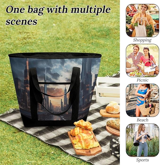 Insulated Shopping BagLarge Reusable Cooler Bags City Scape Printed Foldable Shopping BagTravel Waterproof Shoulder Bag