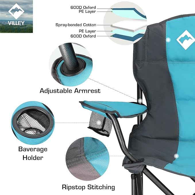 VILLEY Camping Chair Oversized Folding Camp Chair Portable Outdoor Chairs Support 450 LBS with Padded Seats Cooler Bag Cup Holder Carry Bag Blue