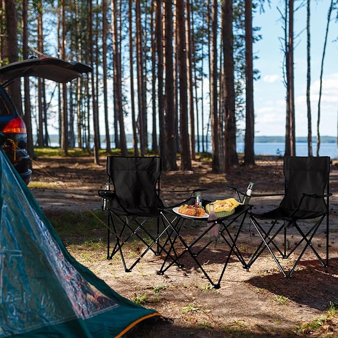 6 Pcs Camping Chairs with Table Heavy Duty Folding Chairs for Outside Camping Table Lawn Foldable Chair with Cup Holders Storage Bags Portable Sports Chairs for Adult Outdoor Travel (Black)