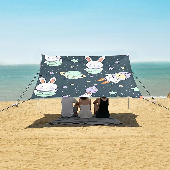Space Rabbit Cute Alien Spaceship Little Stars Camping Sun Shelter Beach Tent Portable Beach Sun Shade Outdoor Canopy for Camping Trips Fishing Picnic
