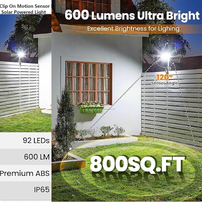 ASLIDECOR Solar Clip On Lights Outdoor Motion Sensor Security Light 92 LED with 600LM Brightness and 3 Modes Waterproof Fence Clip Light for Deck Gutter TentCampingCamper Awning(2)