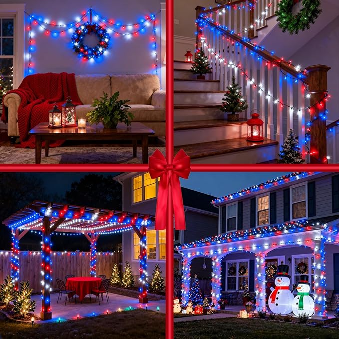 1500 LED 470FT Red White Blue 4th of July Patriotic Decorations String Lights with 12 Modes Timer &amp Dimmable Waterproof for Outdoor Indoor Christmas Holiday Soccer Party Independence Day Deco