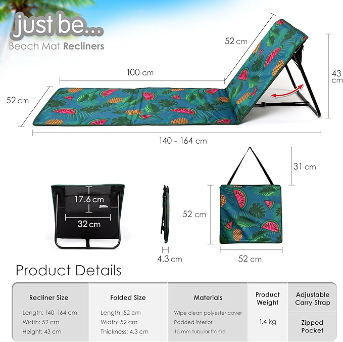 just be... Beach Sun Mat Folding Lightweight Portable Adjustable Sunbathing Recliner with Backrest Support and Valuables Pocket for Holidays Garden Camping Park and Festivals - Tropical