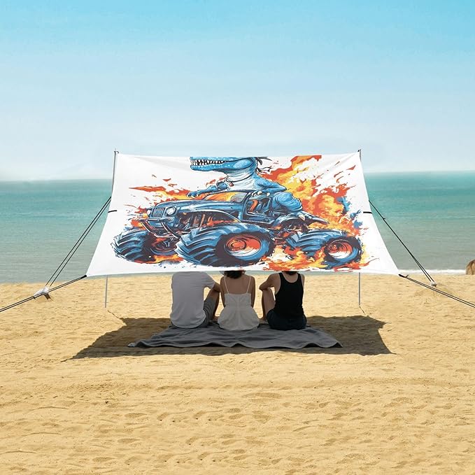 ALAZA Dinosaur Monster Truck Beach Tent Sun Shelter UPF50+ Protection Beach Shade Canopy w/ 4 Sandbags for Outdoor Camping Fishing Backyard Fun Picnic 10x9 ft