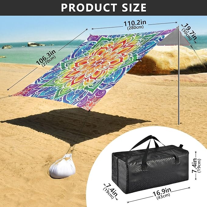 ALAZA Rainbow Mandala Flower Beach Tent Sun Shelter UPF50+ Protection Beach Shade Canopy w/ 4 Sandbags for Outdoor Camping Fishing Backyard Fun Picnic 10x9 ft
