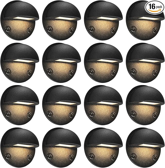 GKOLED 16-Pack Low Voltage LED Deck Light Fixture Mini Size Eyelid Step Lights with 0.8W 3000K Integrated LED Chips IP65+ Waterproof for Outdoor Die-cast Aluminum with Powder Coated Finish