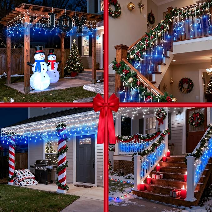 612 LED String lights Indoor Outdoor 60ft Christmas Window Lights with 136 Drops 12 Modes Dimmable Curtain Lights Fairy Lights for Bedroom Holiday Wedding Party Home Decorations Blue &amp White