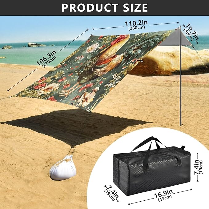 Vintage Chicken Beach Tent Sun Shelter 9.2' x 10.5' Beach Canopy with 4 Sandbags 4 Stability Poles Sand Shovels - Tent Canopy for Beach Camping Fishing Picnics